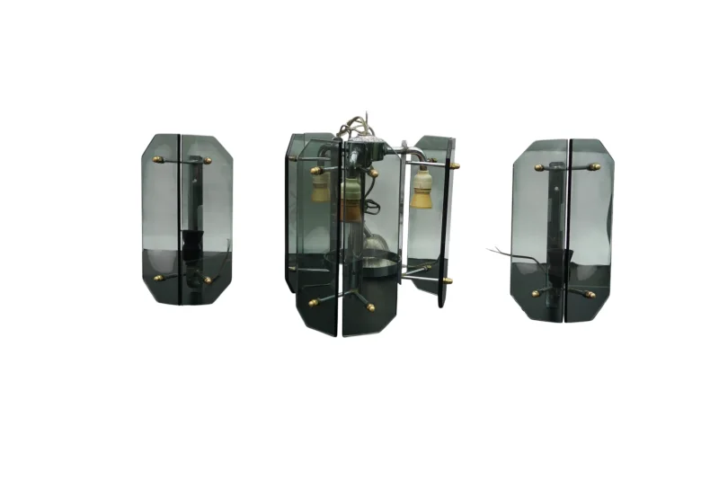 Veca dreiteiliges Leuchten-Set Hängeleuchte 2 Wandleuchten Rauchglas Italien 1970er