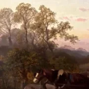 Ferdinand Marohn – Mittelgrund mit Hügellandschaft und Burgruine, Ölgemälde, Gesamtansicht mit Figurengruppe, Bauern und Kinder