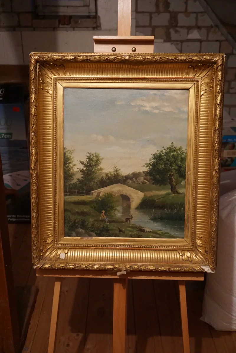 Antique oil painting signed E. Picard 1877, pastoral river landscape with stone bridge, fisherman and goats, ornate gilt frame