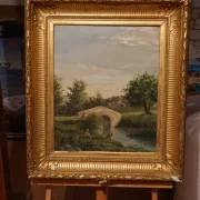 Antique oil painting signed E. Picard 1877, pastoral river landscape with stone bridge, fisherman and goats, ornate gilt frame