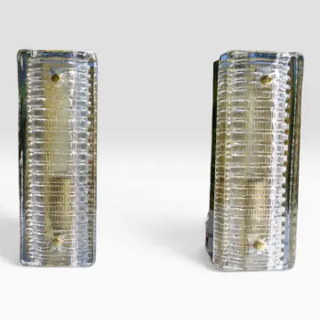 Paar Eisglas Wandleuchten Modell 8971, Messing & strukturiertes Klarglas, Deutschland / Nordeuropa, 1970er Jahre