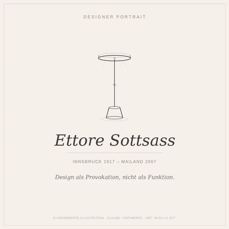 llustrated designer portrait of Ettore Sottsass showing key design elements from Memphis Artemide and Olivetti Valentine