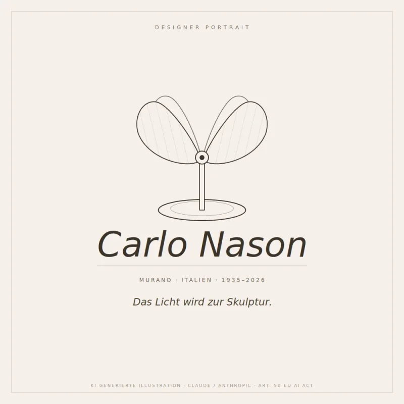 Line drawing of Carlo Nason's Lotus table lamp for AV Mazzega, designer portrait illustration, Murano glass, Italy 1935–2026