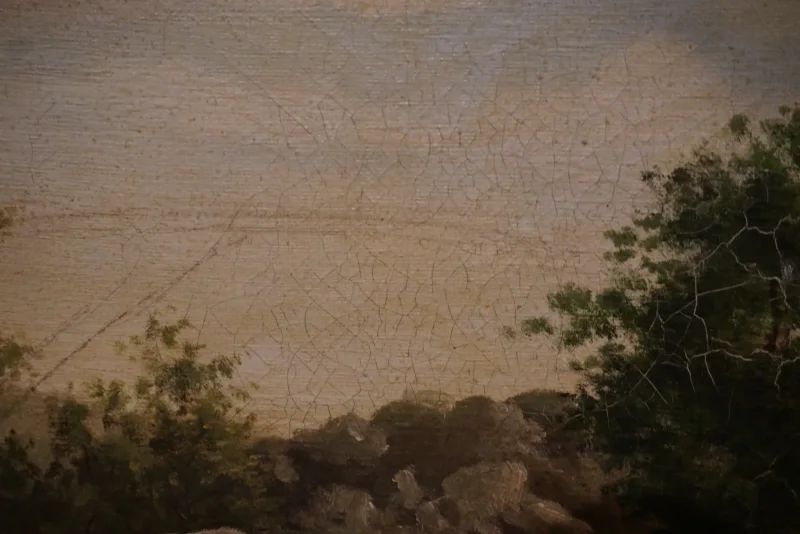 Detail of oil painting surface showing fine craquelure in the sky area, trees in foreground