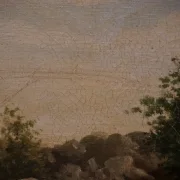 Detail of oil painting surface showing fine craquelure in the sky area, trees in foreground