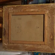 Back of the painting showing wooden stretcher bars, canvas reverse, chalk number and maker's stamp