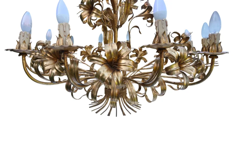 Hans Kögl Lily 12-Light Vintage Florentine Gilt Tole Chandelier