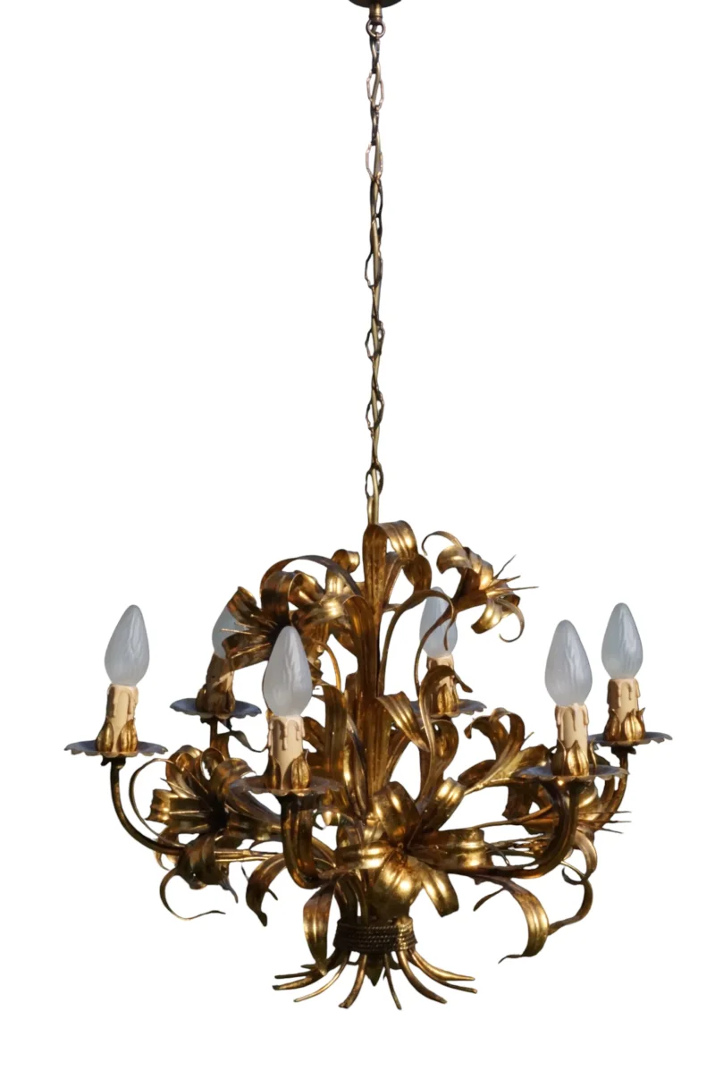 Hans Kögl Lily Florentine chandelier 6-light Germany 1970s, gilded Hollywood Regency