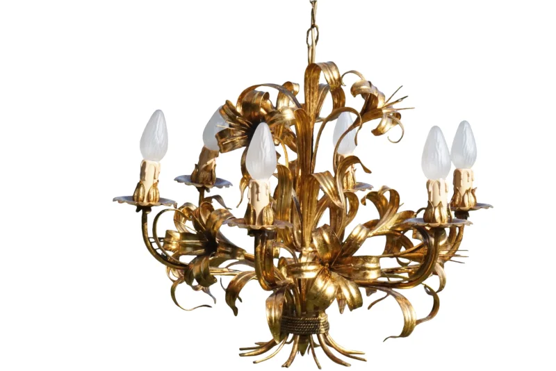 Hans Kögl Lily 6-Light Vintage Florentine Gilt Tole Chandelier