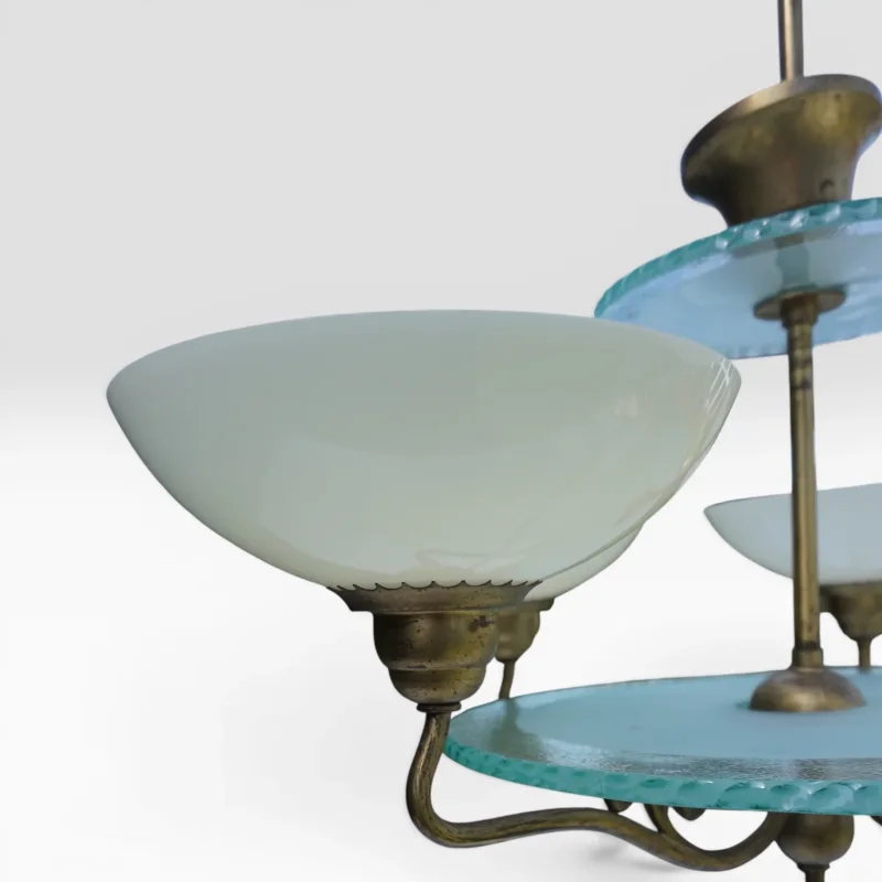 Böhlmarks Lampfabrik Swedish Grace Chandelier, attr. Harald Notini, Brass and Opal Glass