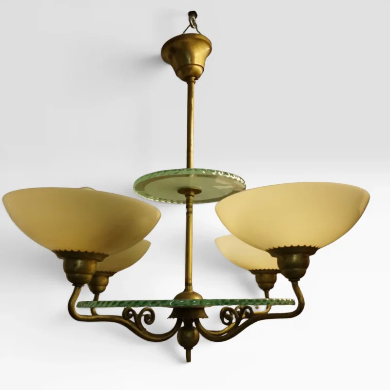 Böhlmarks Lampfabrik Swedish Grace Chandelier, attr. Harald Notini, Brass and Opal Glass