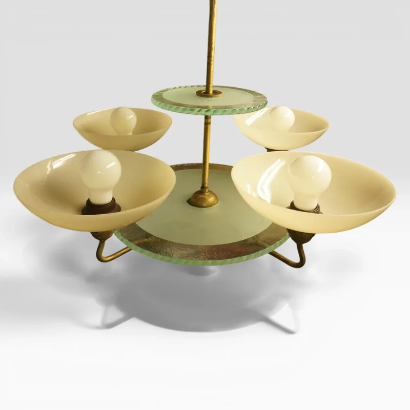 Böhlmarks Lampfabrik Swedish Grace Chandelier, attr. Harald Notini, Brass and Opal Glass