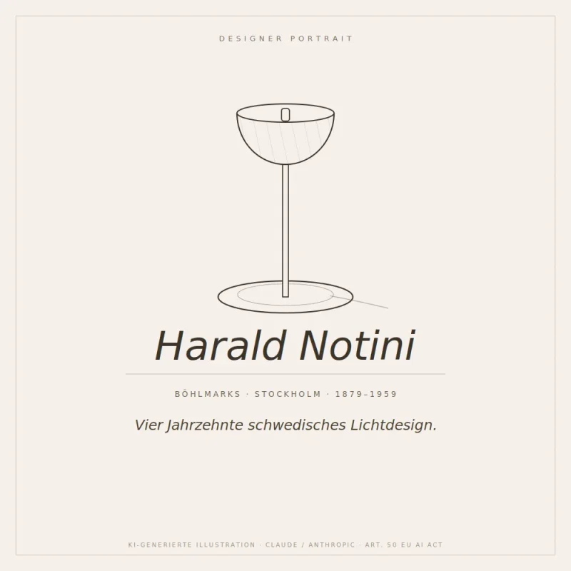Line drawing of a Harald Notini Swedish Modern floor lamp, designer portrait illustration, Böhlmarks Stockholm 1940s