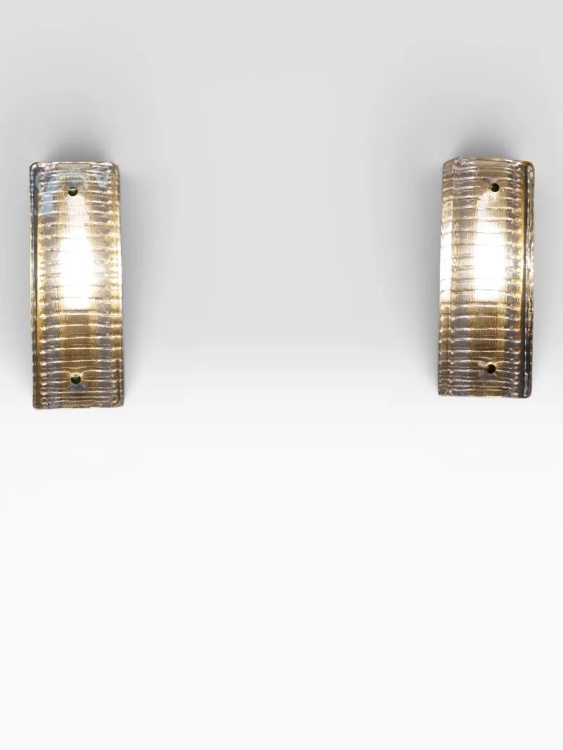 Pair Hillebrand Style 8971 Ice Glass Wall Sconces Textured Ribbed Clear Glass Brass Backplate Bolts Mid Century German Lighting Vintage 1970s