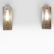 Pair Hillebrand Style 8971 Ice Glass Wall Sconces Textured Ribbed Clear Glass Brass Backplate Bolts Mid Century German Lighting Vintage 1970s