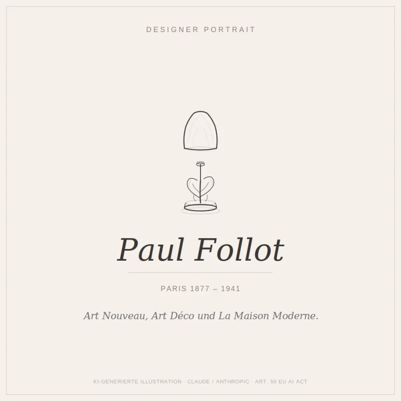 Illustrated designer portrait of Paul Follot showing his Foliage table lamp with silvered bronze base and Loetz glass shade