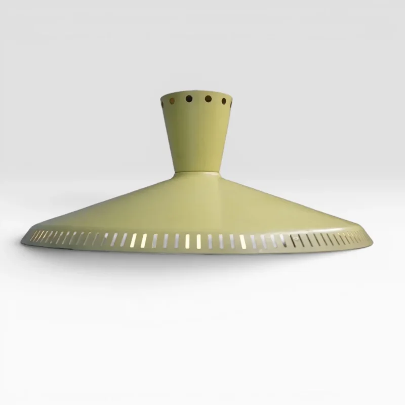 Philips NB92/93 pendant lamp by Louis Kalff, full view hanging, yellow perforated shade, ceiling hook