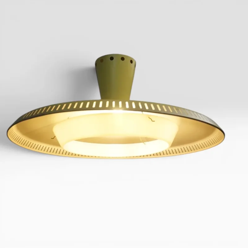 Philips NB92/93 pendant lamp lit in situ, living room setting, warm glow through perforated shade