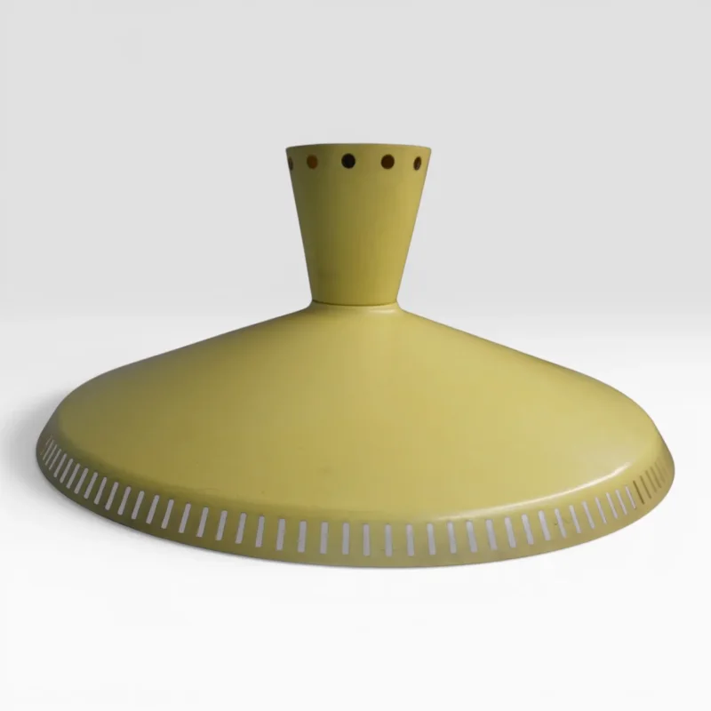 Philips NB92/93 pendant lamp illuminated, side view in interior, yellow lacquered metal shade