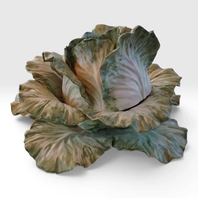 Vladimir Kanevsky porcelain cabbage tureen, side view showing form and layered leaf structure, USA 2014