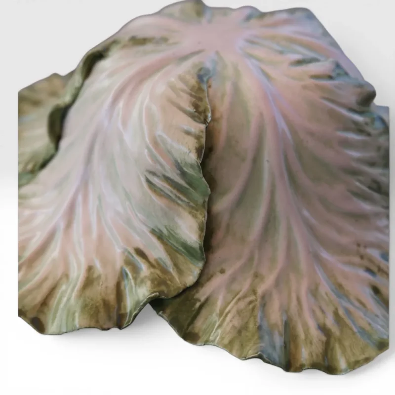 Macro detail of hand-painted porcelain leaf surface, Vladimir Kanevsky cabbage tureen, veining and translucency, USA 2014