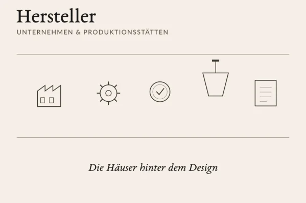 Kategoriebild Hersteller: f&uuml;nf Icons (Fabrikgeb&auml;ude, Zahnrad, G&uuml;tesiegel, Vase, Katalog), Unterzeile &bdquo;Die H&auml;user hinter dem Design"