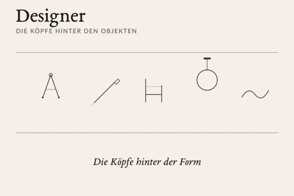 Kategoriebild Designer: f&uuml;nf Icons (Zeichenstift, Lineal, Hocker, Leuchte, Skizzenlinie), Unterzeile &bdquo;Die K&ouml;pfe hinter den Formen"
